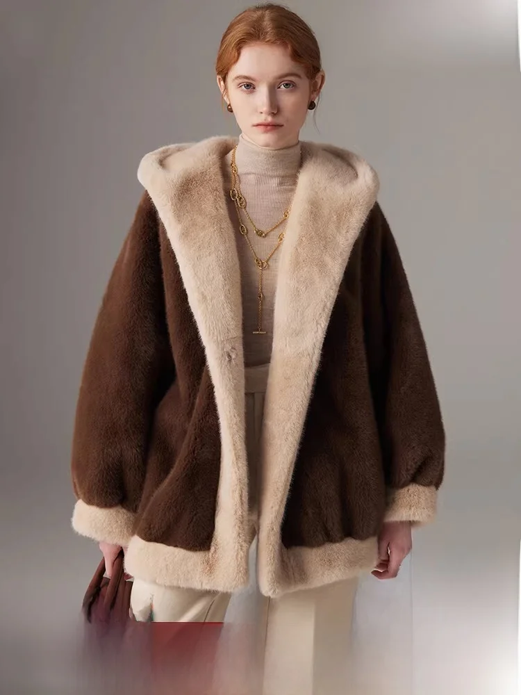 

Экологичная женская куртка из искусственного меха с капюшоном: роскошное ощущение, повседневный стиль, свободный крой, прямой силуэт, длинный рукав