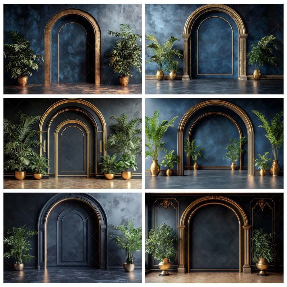 

Black Chic Wall Gold Arches Photography Backdrop Modern Indoor Scene Potted Plants Room Decor Family Portrait Photo Background