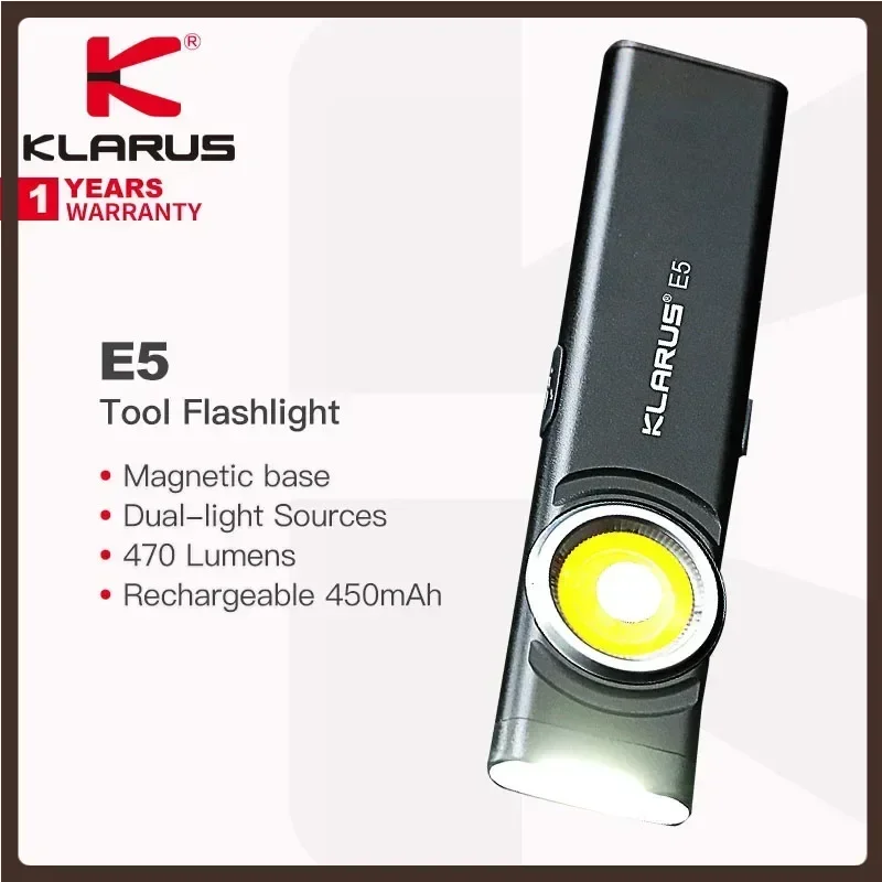 

Klarus E5 Dual-light Sources Tool Flashlight, White/Red/Blue 3 Color Lights, 470 Lumens, Lightweight 35.8g, Rechargeable, EDC