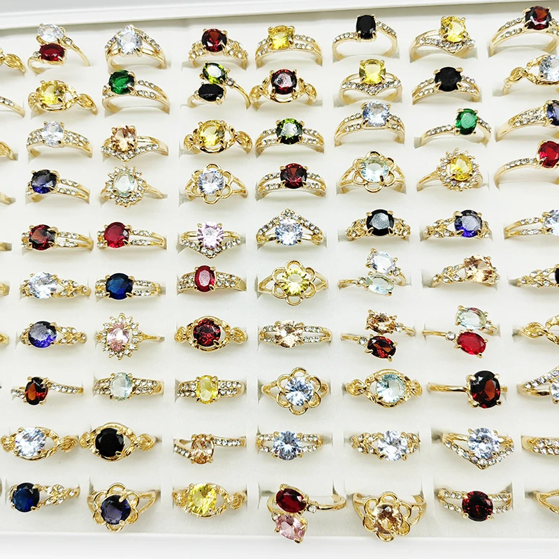 20pcs/50pcs/Lot Wholesale Luxury Big Zircon Crystal Finger Rings for Women Beauty Wedding Jewelry Gold Color Cutout Flower Gifts