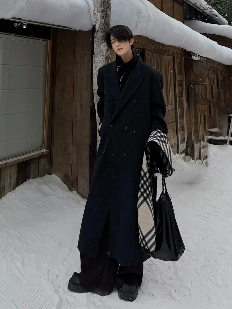 

Thiened Warm Woolen Overcoat Knee-Length Men's Sle Briti Faion Bla Long Coat Korean High-End Suit Jaet