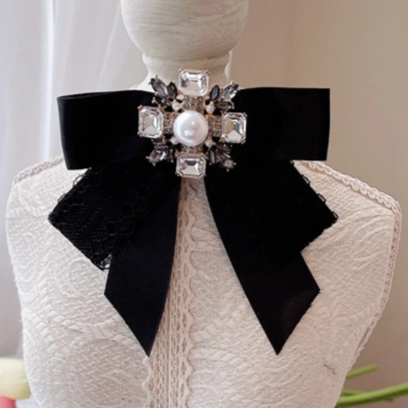 Korean Women's Lace Bow Ties College Style Suits Shirt Accessories Handmade Jewelry Cross Pearl Rhinestone Butterfly Bows Brooch