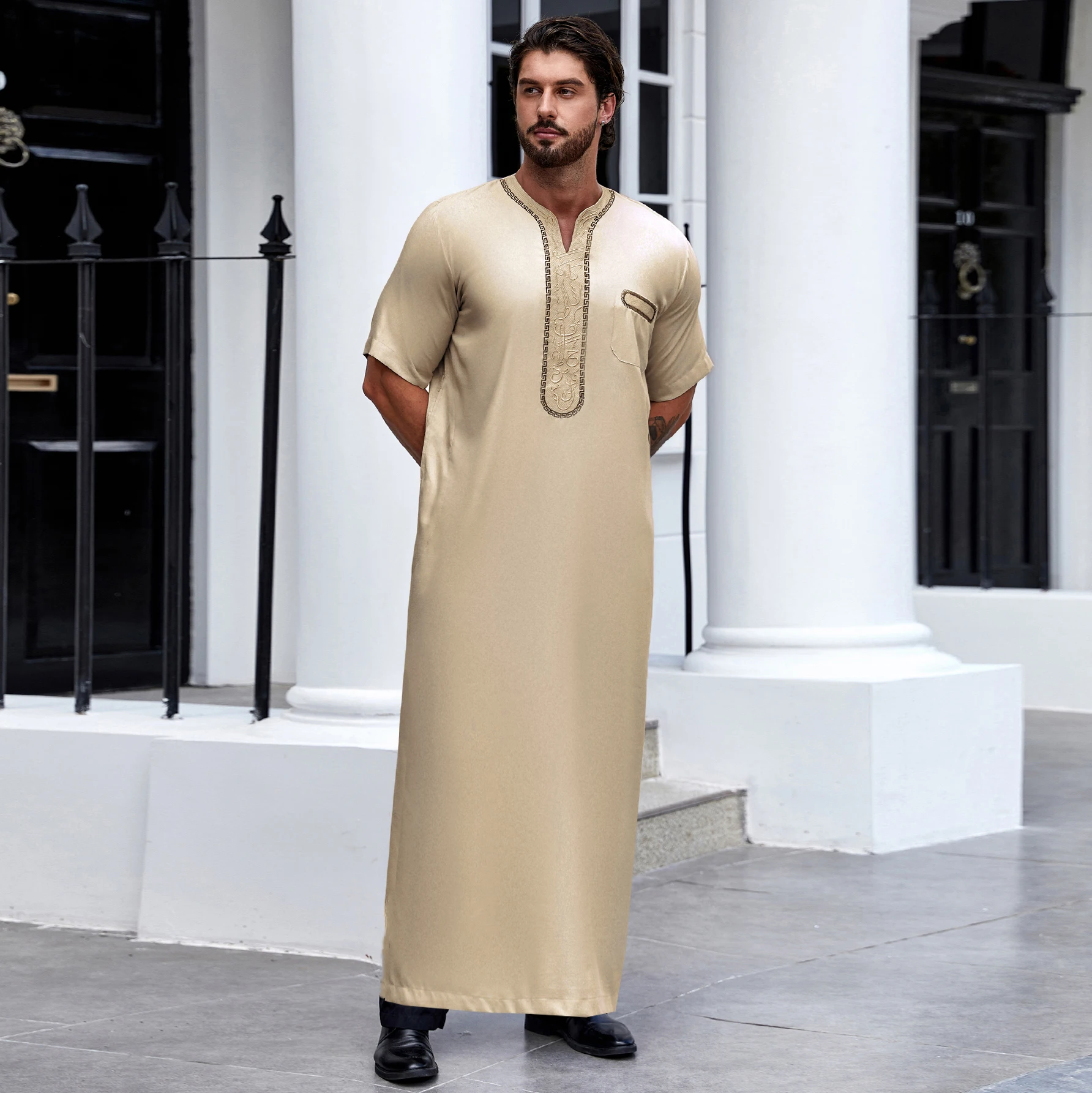 

Ramadan Islam Muslim Men Clothing Abaya Embroidered Short Sleeve Robe, Middle Eastern Arab Dubai Style Traditional Shirt Thobe