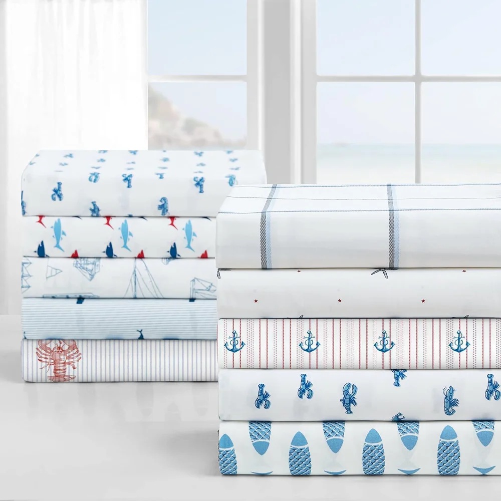 مجموعة ملاءات Nautica Queen - أزرق فاتح من SkippersIsland، قطن مقرمش مصمم خصيصًا، مفروشات خفيفة الوزن مع ملاءة جاهزة