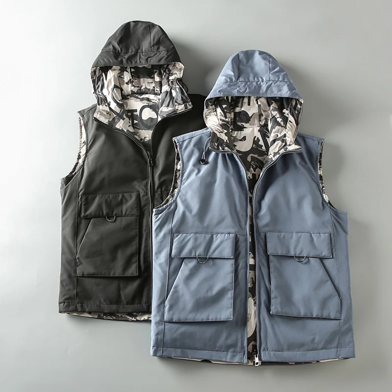 

Winter Double Side Wearable Outdoor Windproof Men's Waistcoat Hooded Casual Warm Multi Pockets Youth Loose Cozy Sleeveless Tops