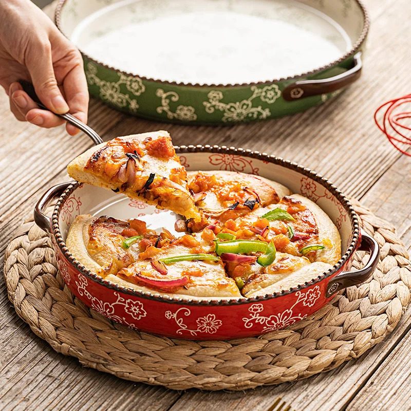 

Baking pan Double handle ceramic round baking pan Pizza pan