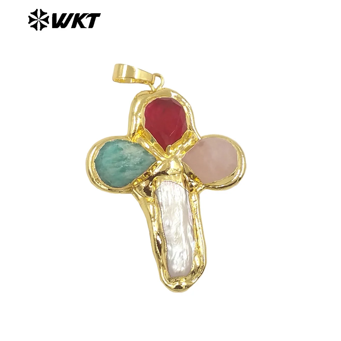 WT-JP382 Classic Cross Shape With Colored Natural Stone Pearl And 18k Gold Plated Pendant For Necklace Accessory