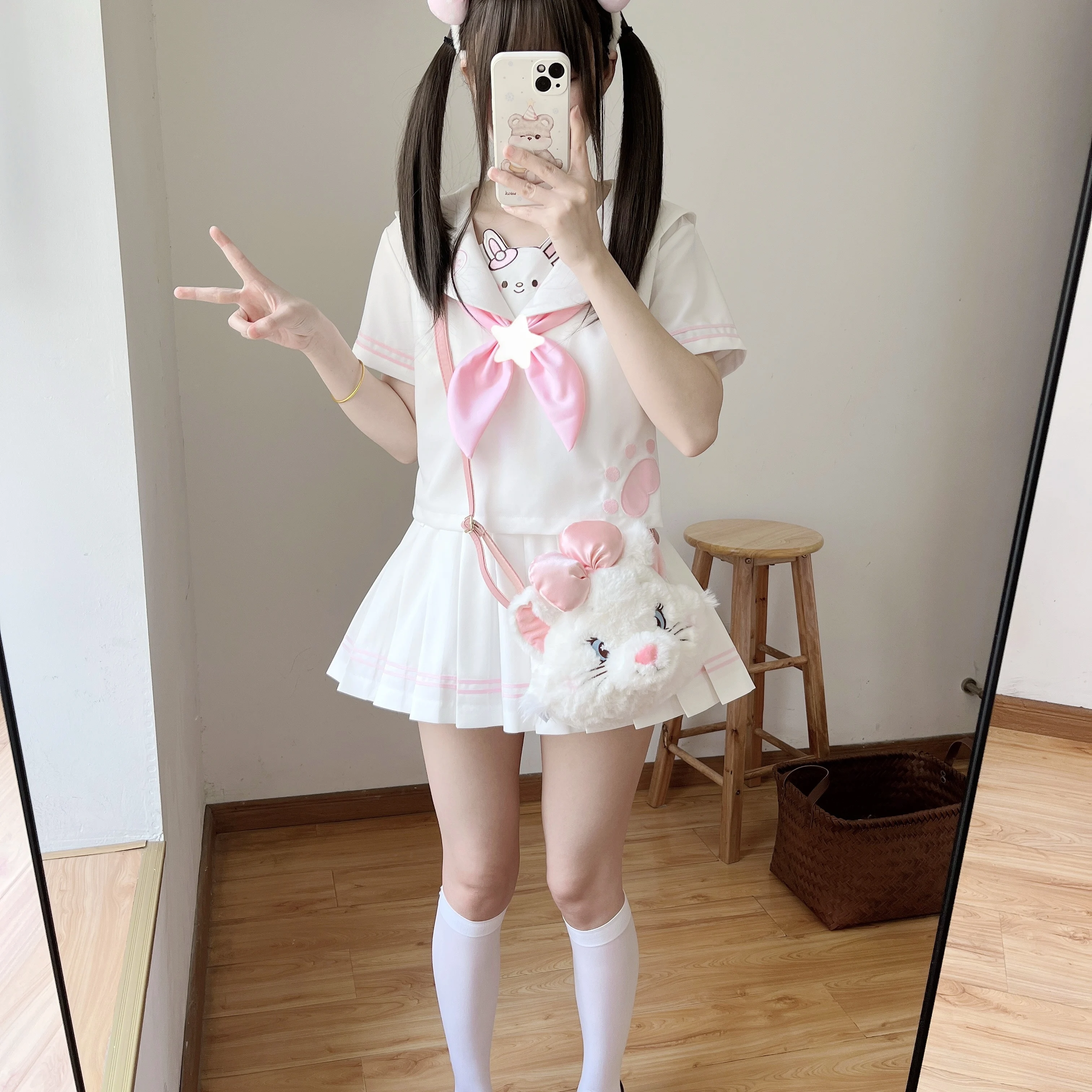 Original Japanese Kawaii Girls Skirt Set 2025 Summer New Y2k Daughter's JK Sailor Uniform Embroidered Navy Collar Top Skirt Set