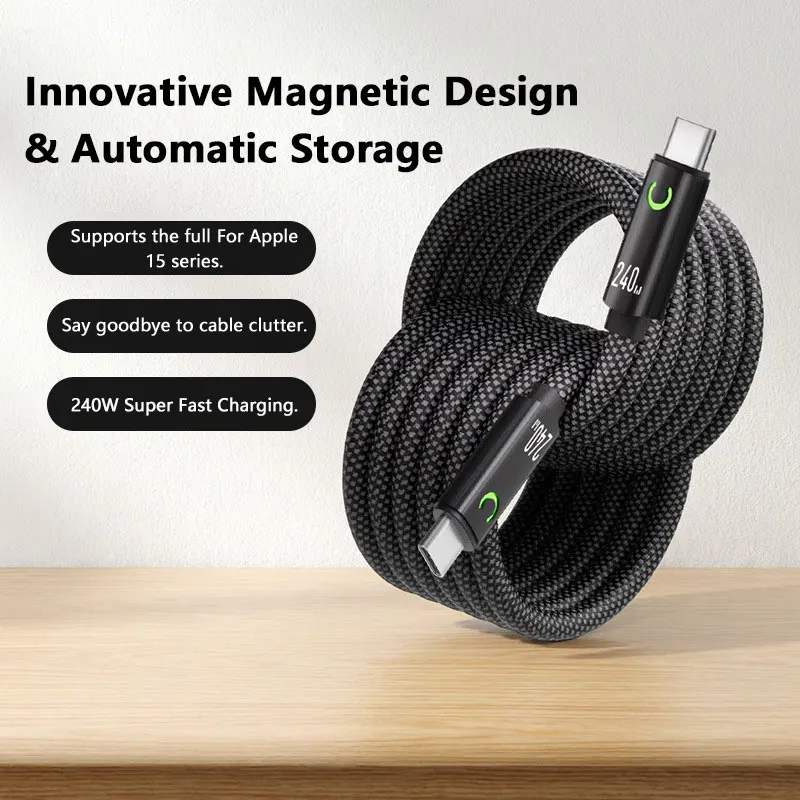 Dual Type-C 240W Super Fast Charging Cable 1M/1.5M/2M Automatic Storage Fully Magnetic Cable for Tablets Apple Samsung Huawei - view 2