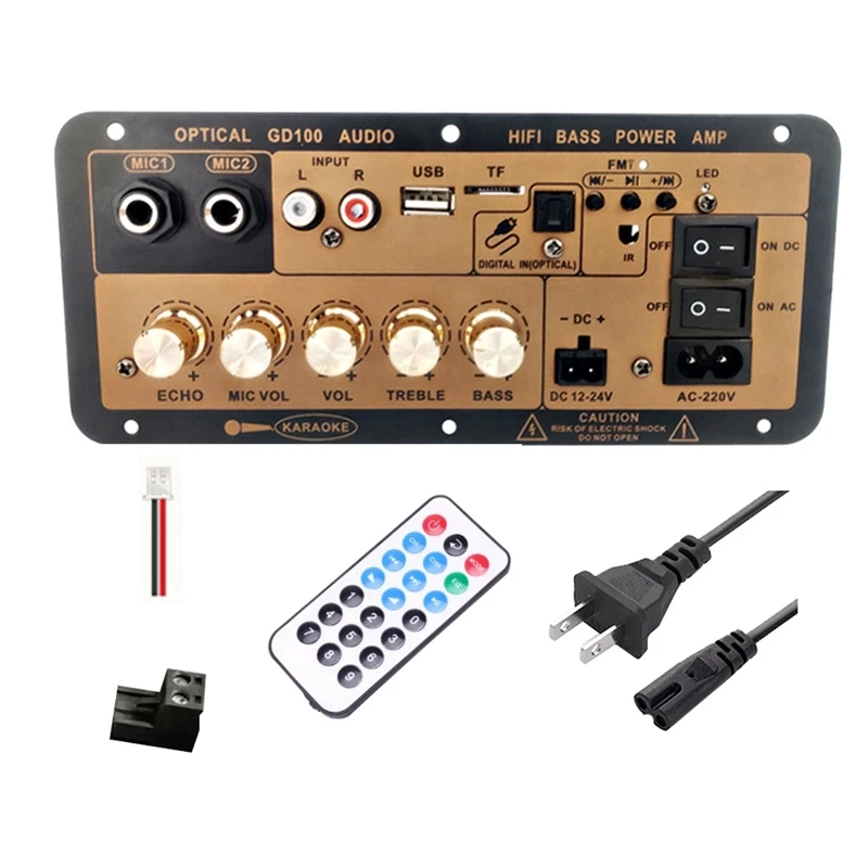 Placa amplificadora bluetooth gd100 com entrada de áudio óptico, amplificador de karaokê hifi, placa amplificadora para casa/carro, durável (plugue americano)