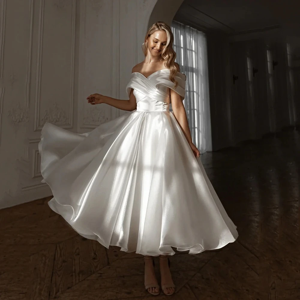 Customized Summer 2026 A-line and Ankle Short Wedding Dresses Comfortable Strapless Off Shoulder Bridal Gown with Lace Up Back