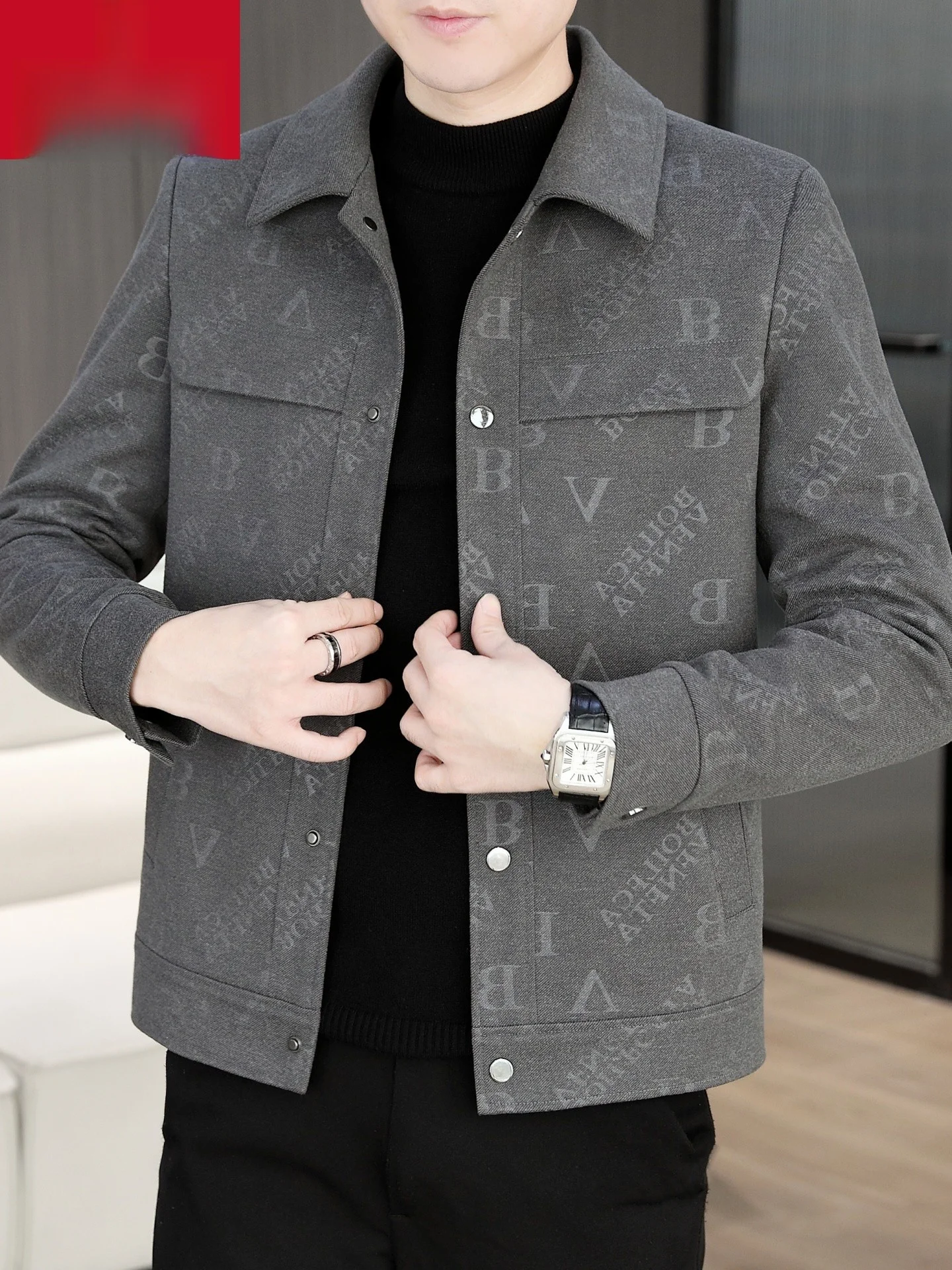 

Pierre Cardin Men's Casual Print Jaet Collared Coat High End Trendy Men's Wear Stand Fit Thiened Polyester Fiber