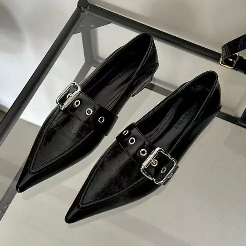 

Женские туфли с французским острым носком, весна-осень 2021, маленькие кожаные туфли на низком каблуке с квадратной пряжкой, лоферы