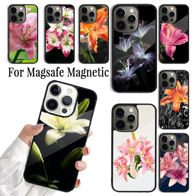 

Coque Phone Case For iPhone 16 15 14 13 12 Mini 11 Pro Max Plus Magsafe Magnetic Wireless Charging Cover Colorful Flower Lily
