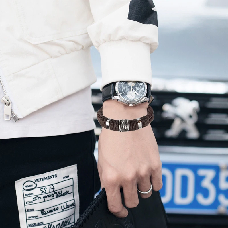 Luxus Vintage Multilayer Braun Leder Edelstahl Männer Armband Perlen Armband Schmuck Männliche Handgelenk Armreif Weihnachten Geschenke – Detail 2