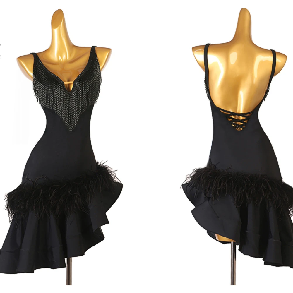 

High-end Latin Dance Sexy Ladies Performance Clothing Tassel Rhinestone Strap Backless Rumba Cha Dance Dress Feather New Style