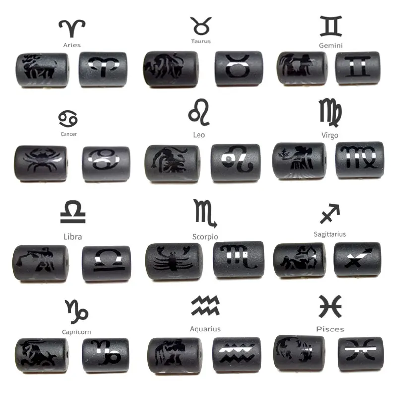 12 Constellation Natural Stone Cylinder Beads Matte Black Onyx Loose Spacer Beads for Diy Bracelet Jewelry Making Accessories