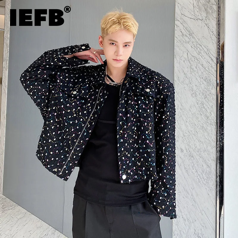 

IEFB Personality Embroidery Sequin Short Men's Jacket Trend Korean Lapel 2023 Autumn Casual Turn-down Collar Coat 9A1711