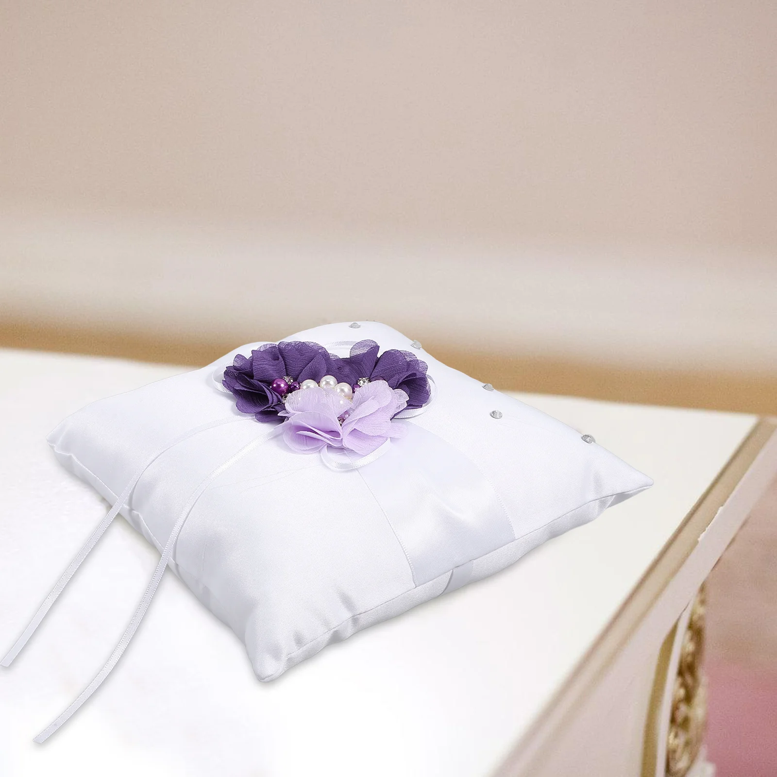 

Flower Ring Pillow 20X20Cm Pearl Ribbon Decorated Wedding Ring Bearer Cushion For Ceremony Bridal Party Decoration