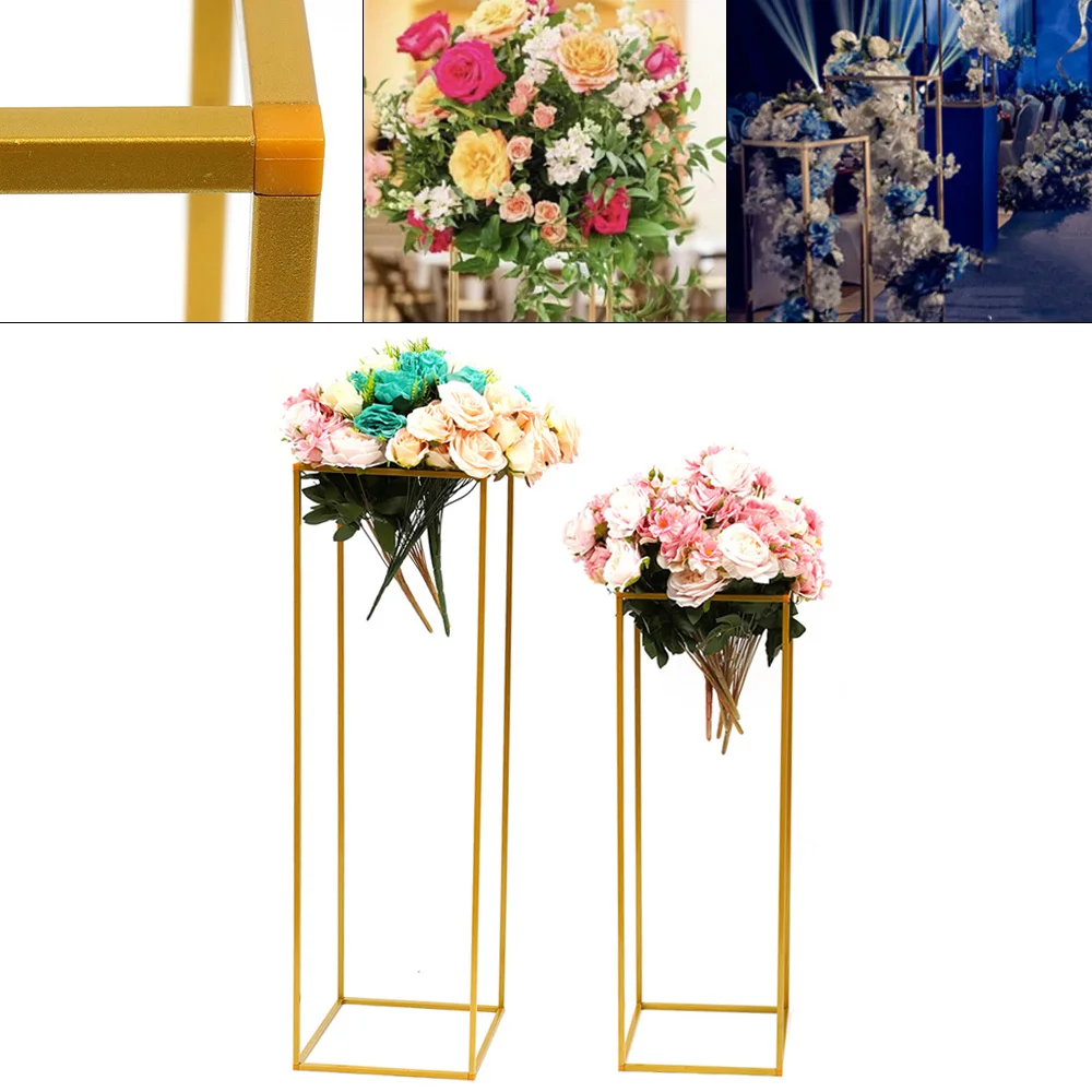 2Pcs Gold Wedding Flower Stand Metal Vase Column Stand Geometric Centerpiece Vase 31.5/39.4 inch Tall Flower Display Rack