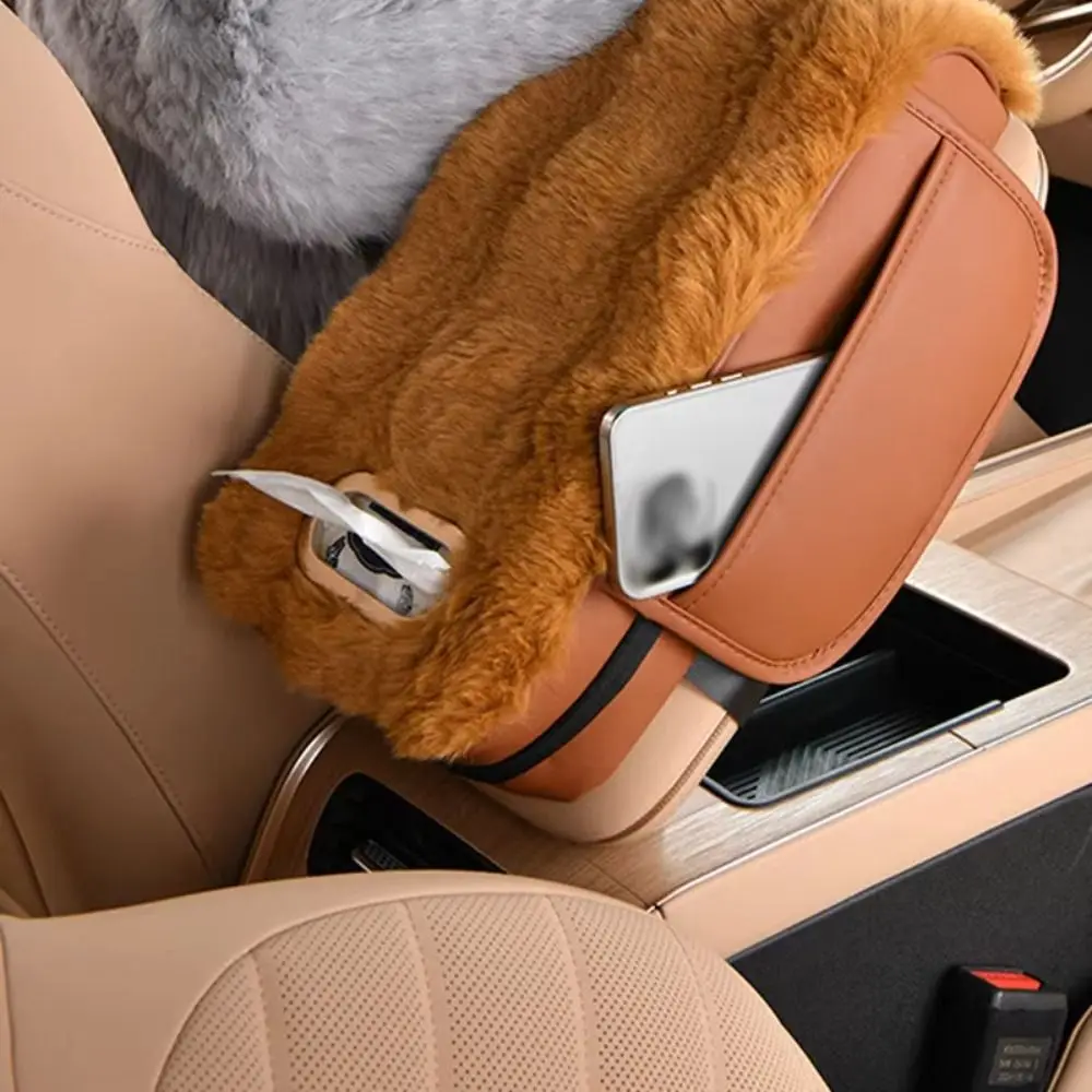 Plush Car Armrest Box Mat Three-in-one Interior Decor Universal Car Tissue Box Storage Pocket Multi-Functional Design