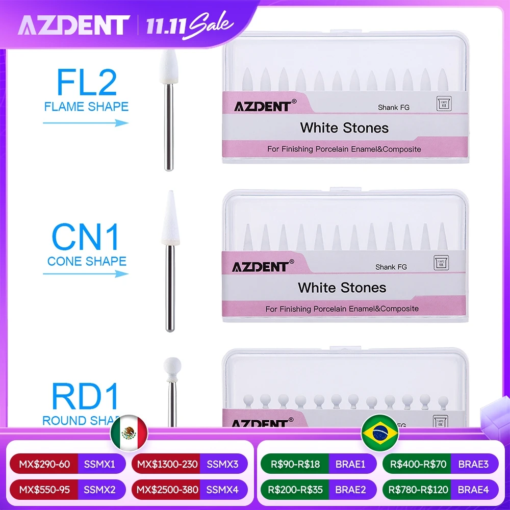 AZDENT12pcs/pack Dental Flame Cone Round White Stone Polisher FG Burs for Polishing Dental Clinic Metal Resin Porcelain