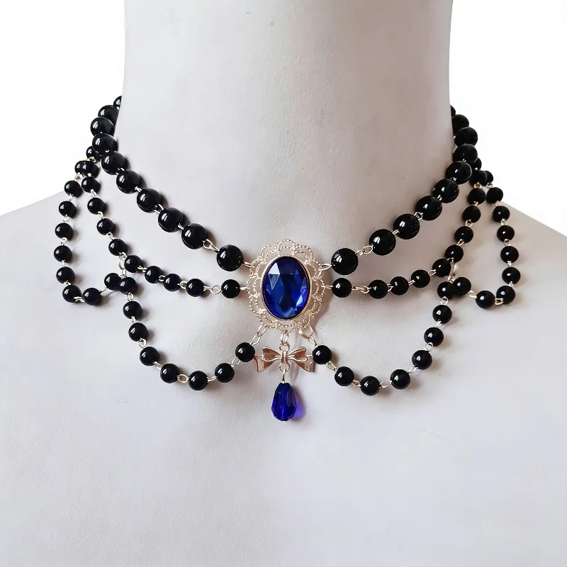 

Elegant Black Layered Necklace Vintage Imitation Pearl Necklaces Gothic Victorian Lolita Costume Necklaces for Bridal Wedding