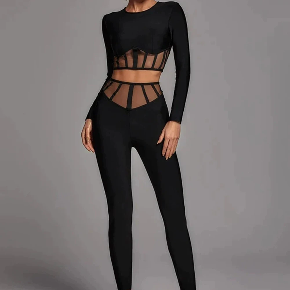 

Long-sleeved round-neck two-piece suit, mesh hollow high-waisted trousers, Amazon hot-selling bandage-GZXX1386