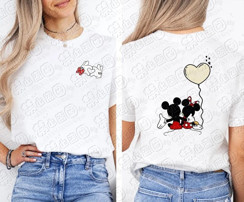 Dual-Sided Cartoon Couple Mouse Heart Balloon Print T-shirt, Cotton Tee, Chest Small Pattern Back Large Graphic Casual Daily Top