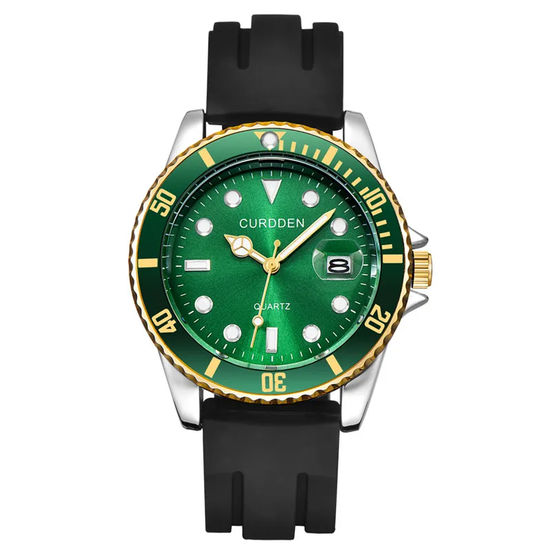 남성 정품 CURDDEN 브랜드 시계 학생 패션 캐주얼 실리콘 밴드 날짜 쿼츠 손목 시계 Green Montres de Marque de Luxe