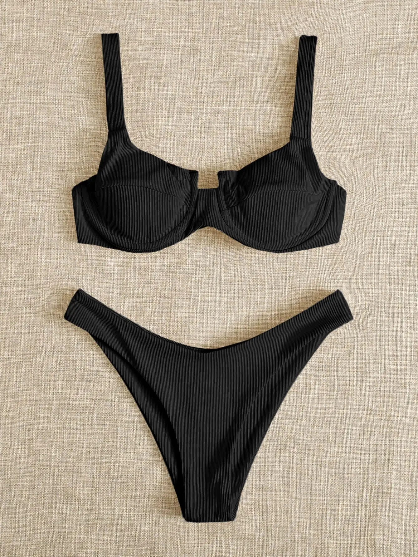 

Черный бикини с ребристой текстурой, на косточках, с высокой посадкой, комплект из двух частей