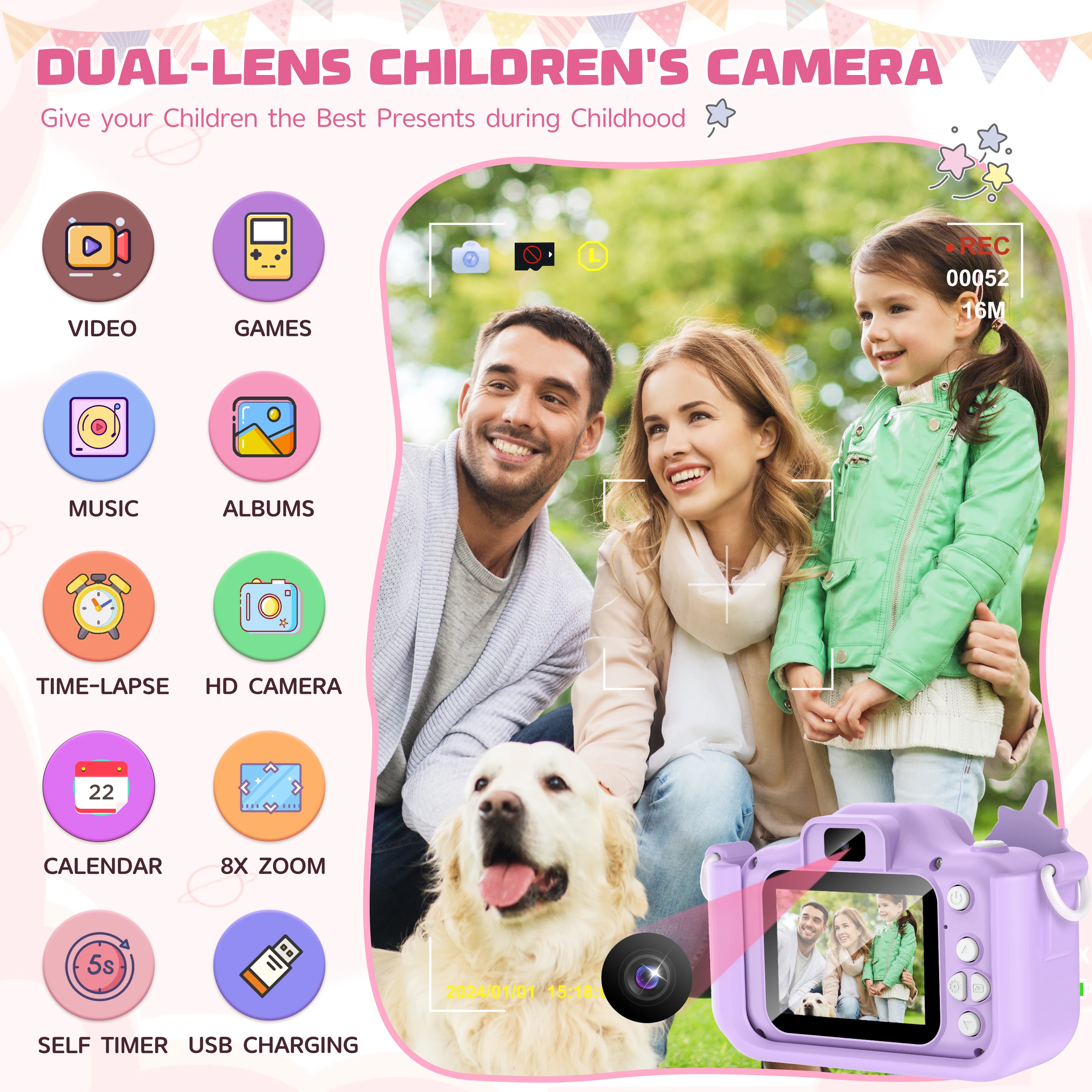 2.0 "appareil photo numérique pour enfants caméra de dessin animé Rechargeable jouet 48MP 1080P HD Mini caméra Selfie cadeau pour garçons filles
