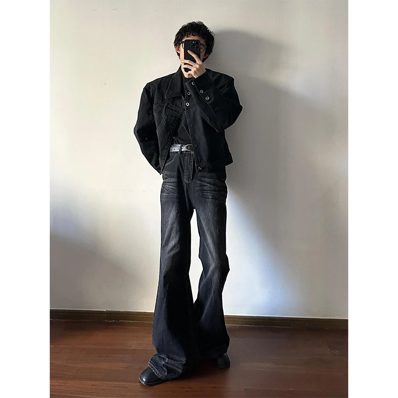 Cleanfit High Waist Straight Leg Jeans Men's Spring Autumn Black Grey Tall Size Loose Flared Pants Youth Trend Cotton Blend