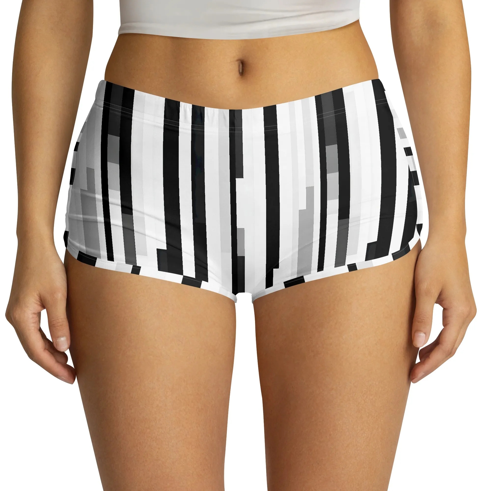 Geometric Stripe Print Shorts, Modern Lines Abstract Pattern, Monochrome Design Graphic Style, Gym Wear Casual Outfit, S-2XL