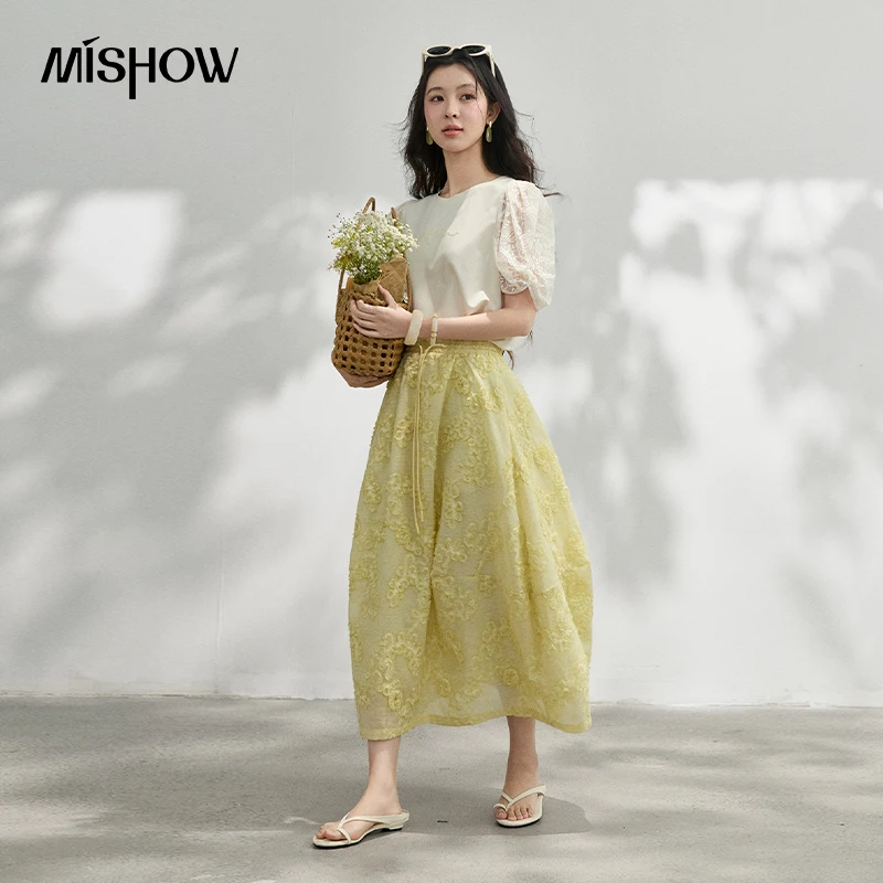 MISHOW Lace Bubble Sleeve T-Shirt Women's 2026 Summer French Gentle Design Letter Embroidery Slimming Loose Top MXF24T1599