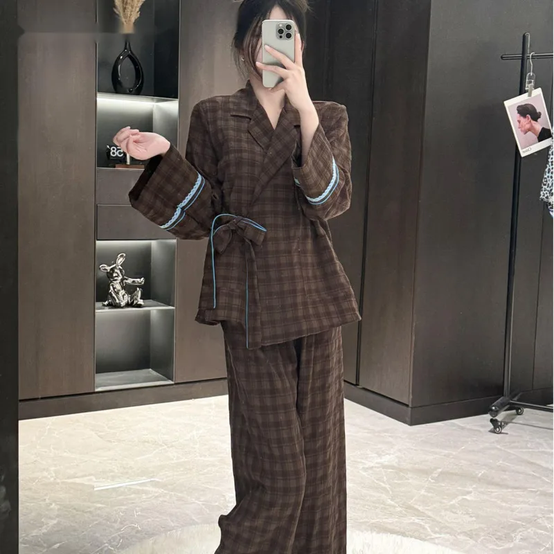 

26 Spring Autumn Casual Elegant Luxury Patchwork Belts Long-sleeve Pants Pajama 2piece Set Women V-neck Nightgown Sleepwear
