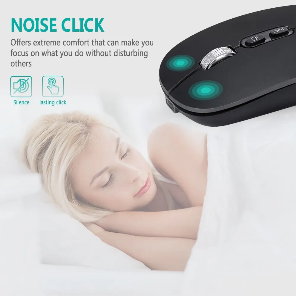 Wireless Mouse 2.4GHz Slim Rechargeable Silent Click Ergonomic 3 DPI Adjustable with Type C Adapter for Laptop PC Macbook