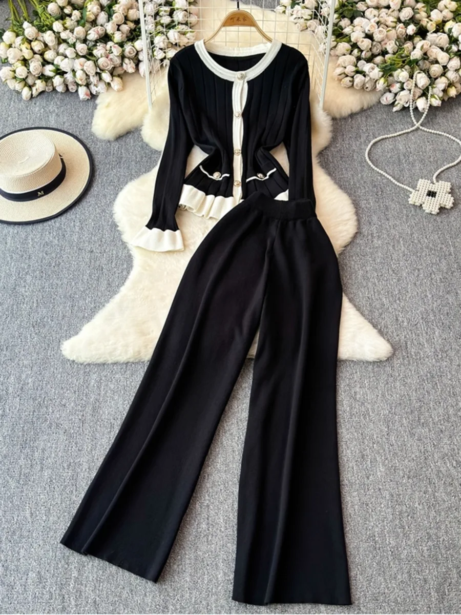 

Women Autumn Winter Office Elegant Two-piece Sets Slim Long Sleeve Cardigan Tops + High Waist Wide Leg Pants Set Casual Outfits