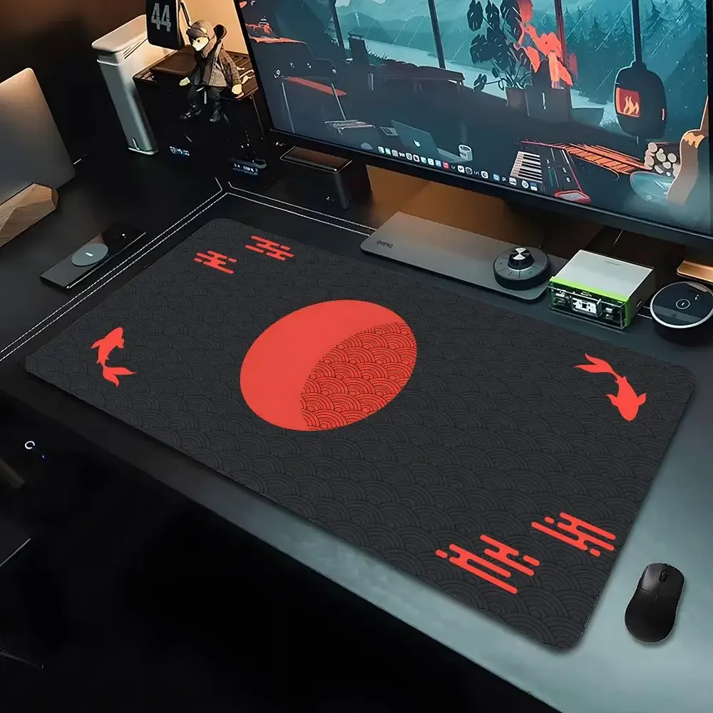 Black & Red Koi Fish Sun Cloud Japan Art Seal Sunrise Mouse Pad Rubber Base Gaming Desk Mat For Keyboard Gamers Office