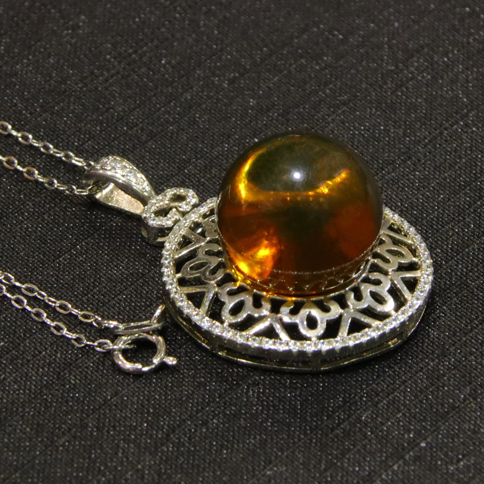 Pure Silver Pendant with Natural Mexican Blue Amber 14mm Round Filigree Hollow Carving Craft Includes Sterling Silver Necklace