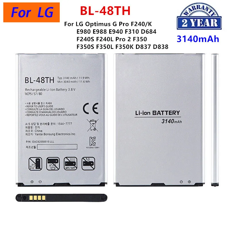 BL-48TH Original para LG Optimus G Pro F240/K E980 E988 E940 F310 D684 F240S F240L Pro 2 F350/S/L/K D837 D838, batería de 3140mAh
