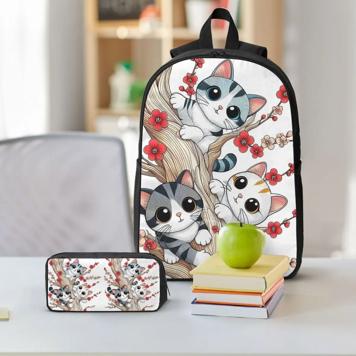 Cute Three Kittens In Branch Backpack Student BookBag School Bag Shoulder Bags 3ps Insulated Lunch Bag Pencil Case