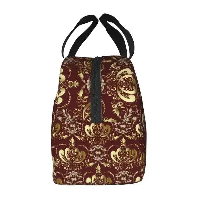 Vintage Gold Royal Seamless Pattern Insulated Lunch Bag European Baroque Floral Resuable Cooler Thermal Bento Box Women Kids