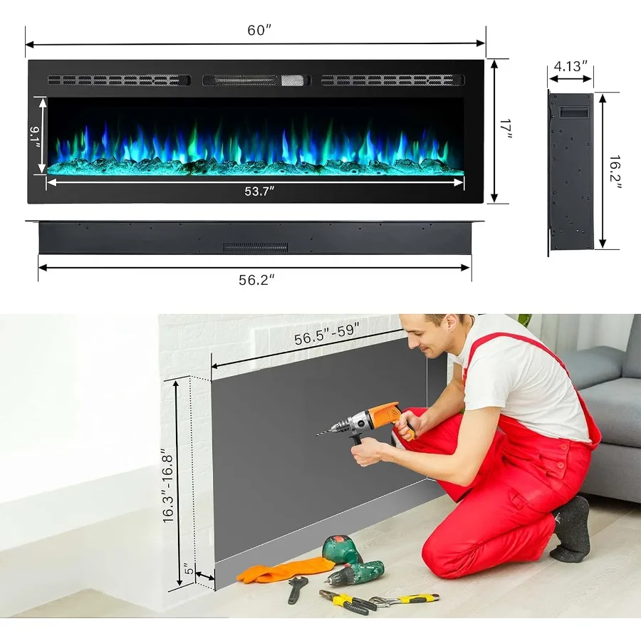 Inserto per camino elettrico da 60 pollici montato a parete con funzione timer telecomando a 12 colori di fiamma per soggiorno moderno o letto