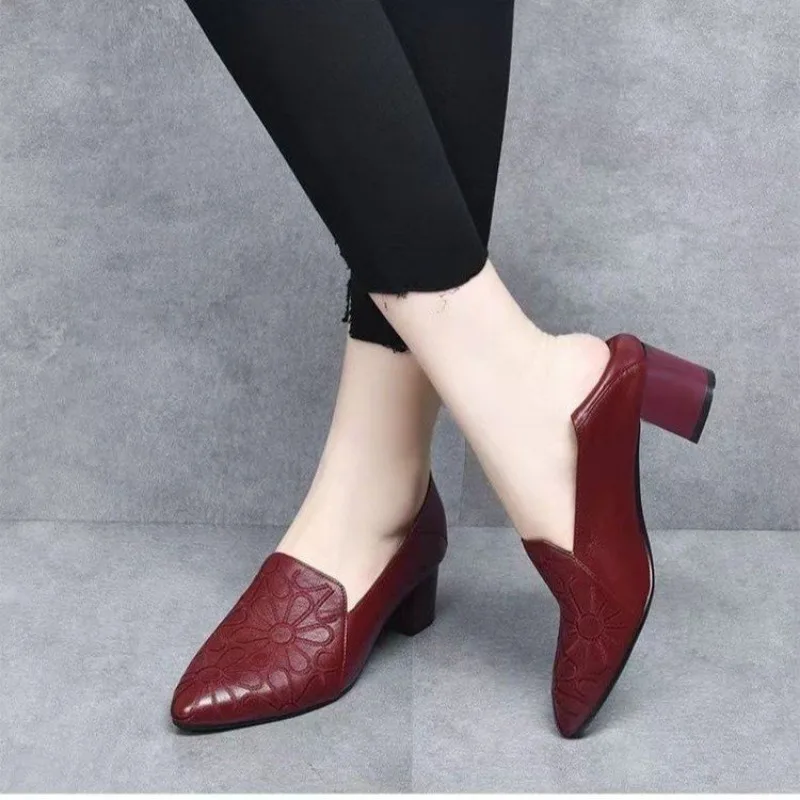 Women Chunky Heel Shoes 2024 Spring Pu Leather Buckle Strap high Heels Women Mary Jane Shoes Dress Office Shallow Ladies Shoes