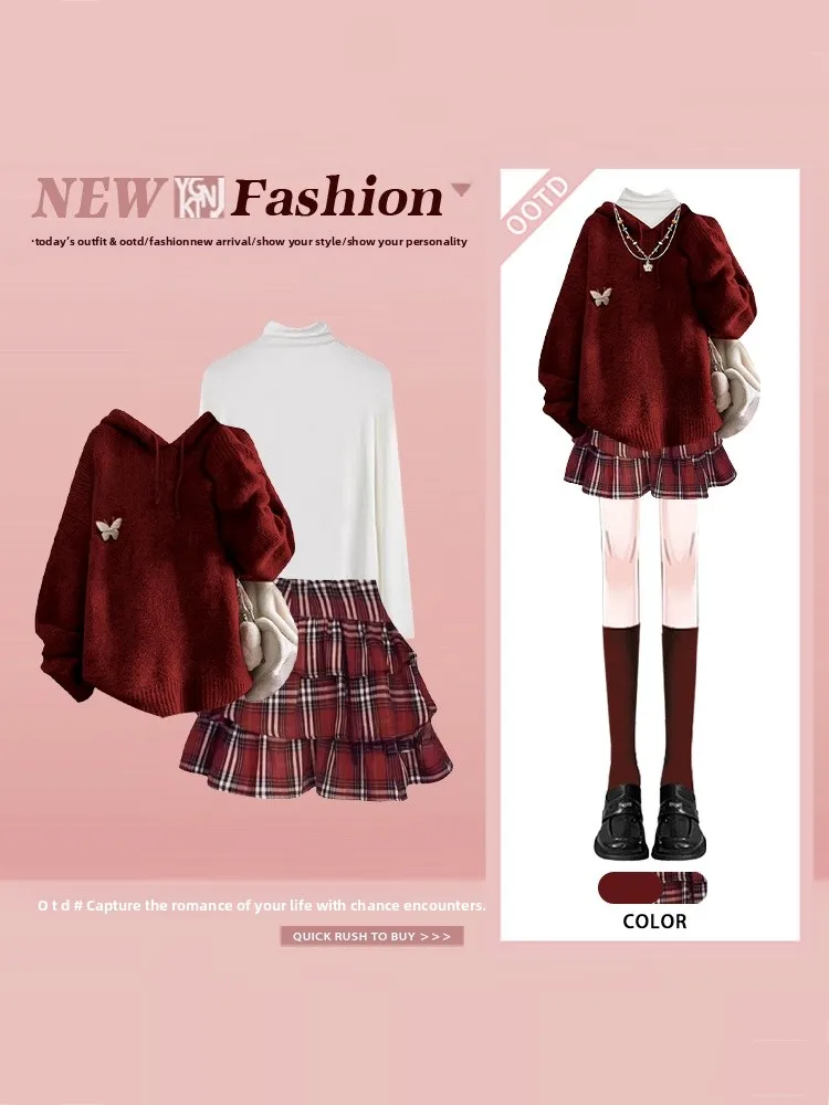 

Red Hooded Sweater Plaid Skirt Women's Faion College Sle Tee-Piece Set New Year's Aosphere Anti-Aging Winter Clothes