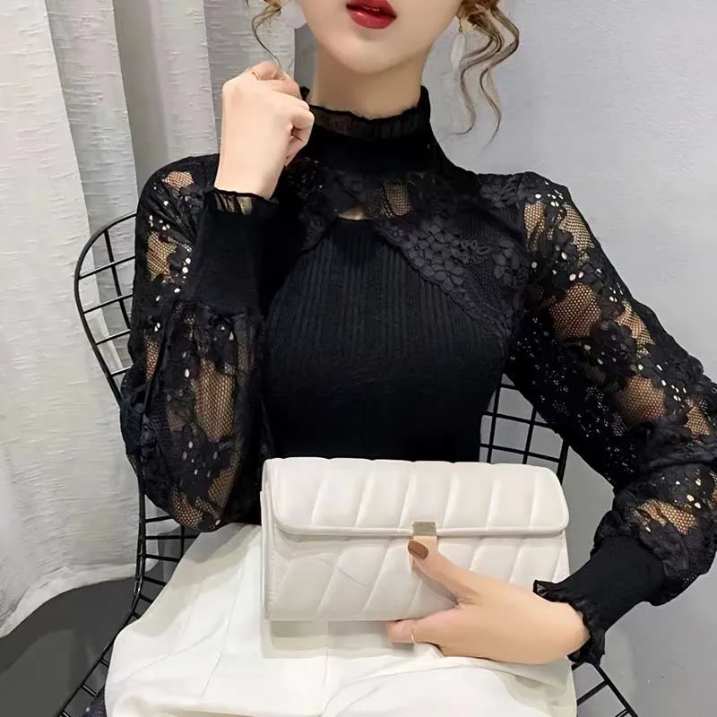 Elegant Stand Collar Lace Hollow Out Princess Sleeve Blouses Women Clothing 2024 Spring New Slim Korean Tops Office Lady Shirts