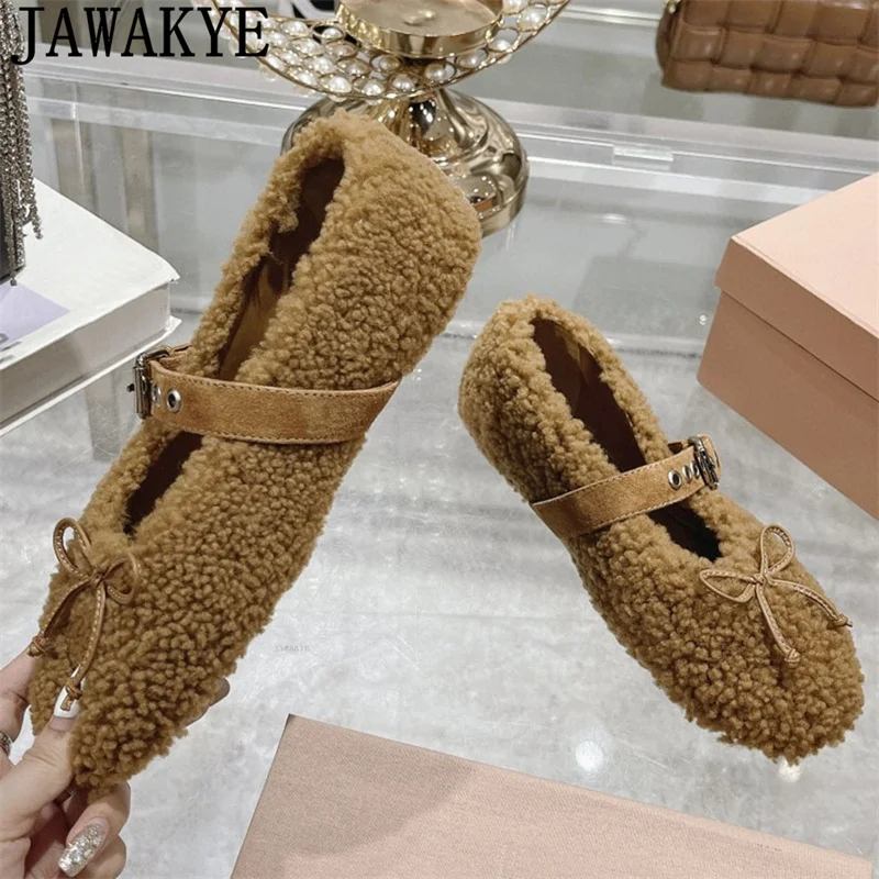 JAWAKYE Real Wool Flat Shoes Women Low Heel Ballet Dance Shoes Winter Luxury Fluffy Shallow Mouth Mary Jane Walking Shoes Woman