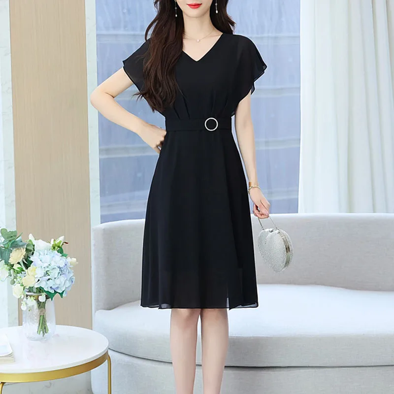 v neck knee length summer dress Black Short Sleeve Dresses for Women Elegant V-Neck Women Fashion A-LINE Dress Women Vestidos De Verano Mujer Q5695 GirlsClothing-CasualDress-Page1of2
