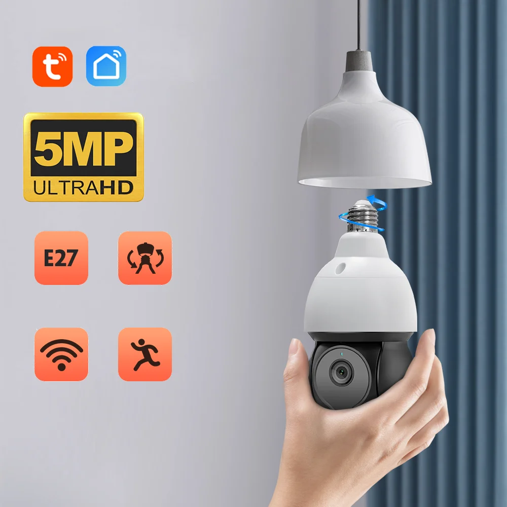 E27 Indoor Light Bulb Security Camera With Mobile Tracking Night Vision Two Way Talk Tuya WiFi 5MP Smart Home Surveillance Cam